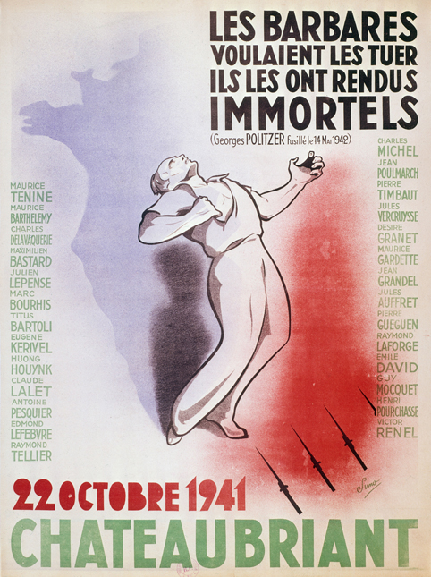 Guerre 1939-1945. Affiche à la mémoire des otages fusillés à Châteaubriant (Loire-Atlantique). Dessin de Simo. Le 22 octobre 1941.